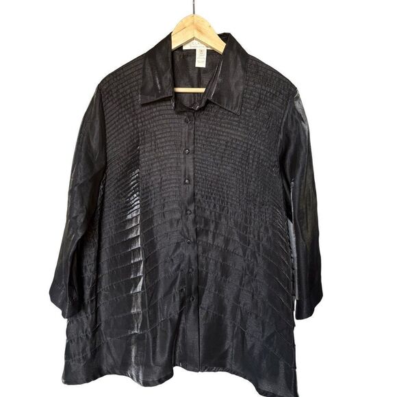 Tops - Glamour Badgley Mischka Blouse Size L Black Textured Sheer 3/4 Sleeve Elegant